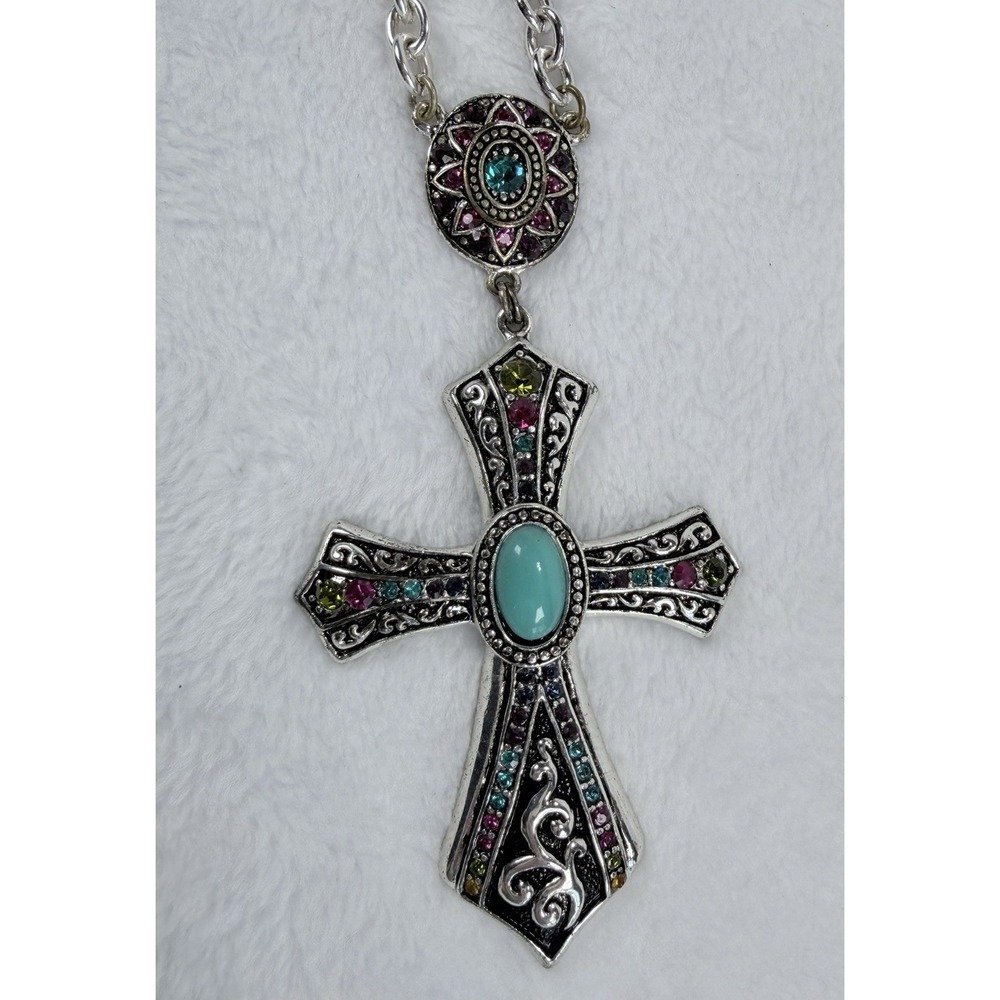 Vtg Silver Tone Ornate Boho Cross Pendant Necklace Turquoise Cabochon Rhinestone
